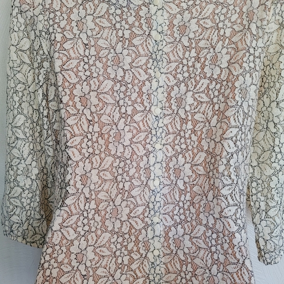 Ann Taylor LOFT Beige Black Lace See-Through Blouse Top Size Women Small Petite - Picture 8 of 13